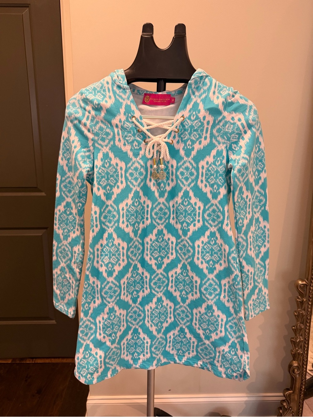 Macbeth Collection by Margaret Josephs Turquoise and White Hooded Lace-Up Tunic